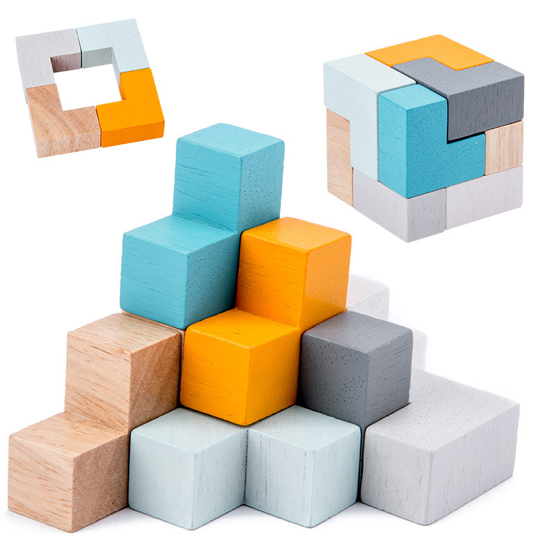 Wooden educational toy 018 Early education cognitive children's Rubik's Cube puzzle building blocks spinning top 3-6 years old boxed set