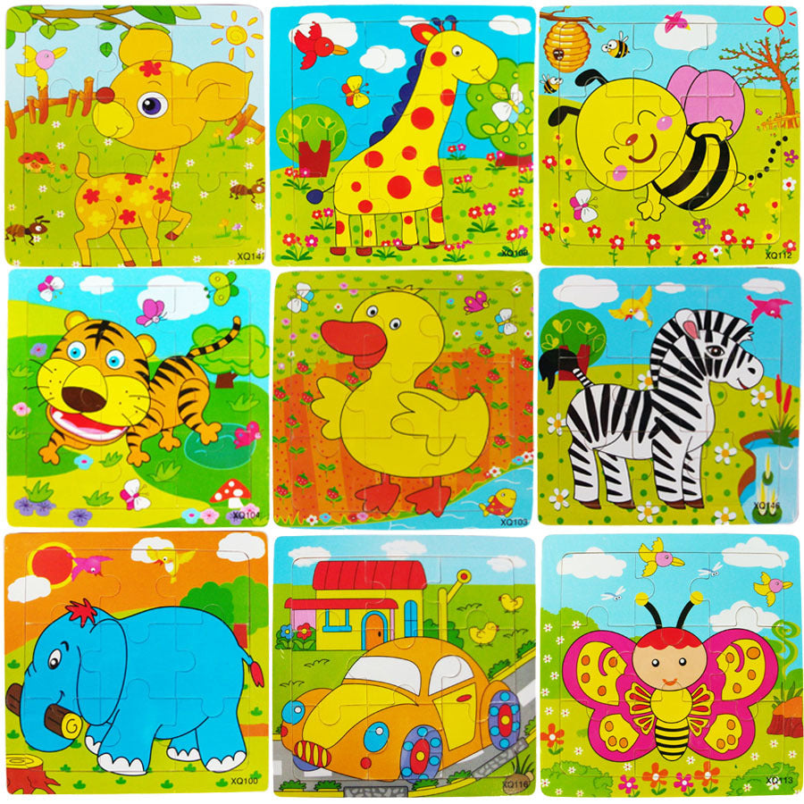 9-piece wooden cartoon puzzle set featuring various animal, traffic, and anime designs. Miniature 0.07m assembly.