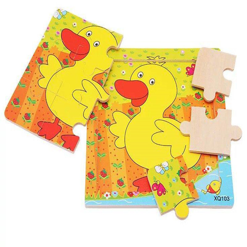 9-piece wooden cartoon puzzle set featuring various animal, traffic, and anime designs. Miniature 0.07m assembly.