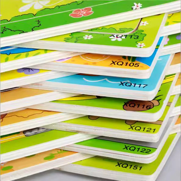 9-piece wooden cartoon puzzle set featuring various animal, traffic, and anime designs. Miniature 0.07m assembly.