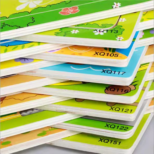 9-piece wooden cartoon puzzle set featuring various animal, traffic, and anime designs. Miniature 0.07m assembly.