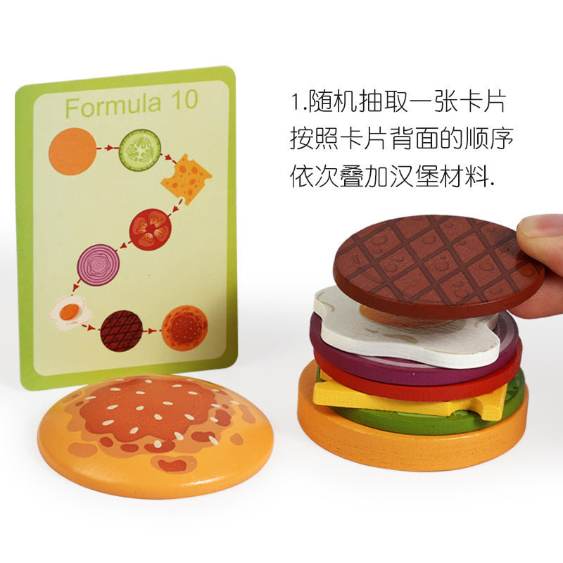 Wooden educational toys for children: miniature, bite-sized hamburgers and sandwiches that simulate real food.