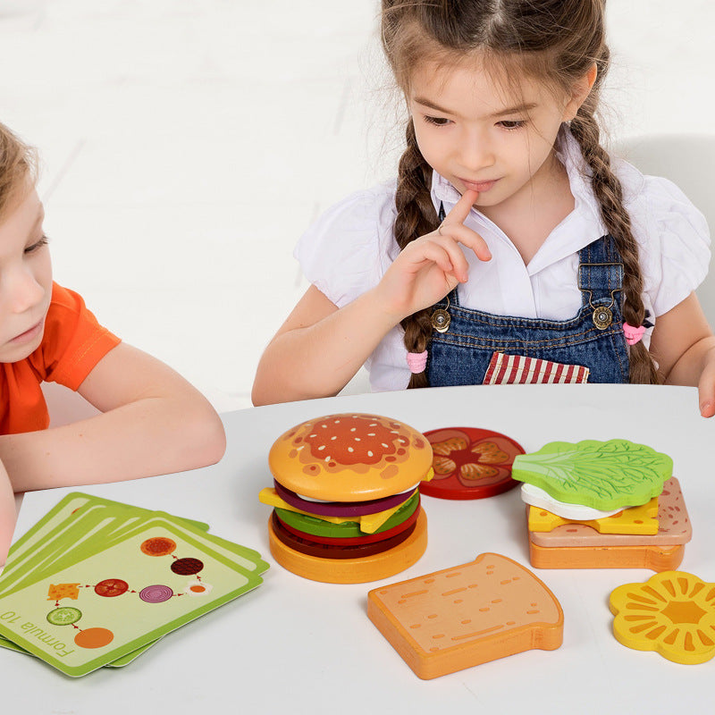 Wooden educational toys for children: miniature, bite-sized hamburgers and sandwiches that simulate real food.