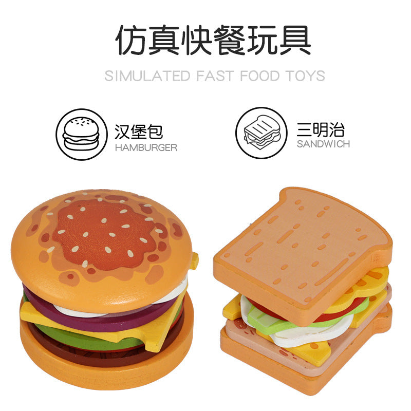 Wooden educational toys for children: miniature, bite-sized hamburgers and sandwiches that simulate real food.
