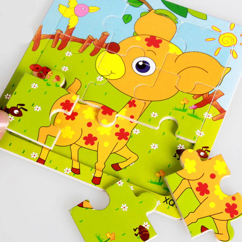9-piece wooden cartoon puzzle set featuring various animal, traffic, and anime designs. Miniature 0.07m assembly.