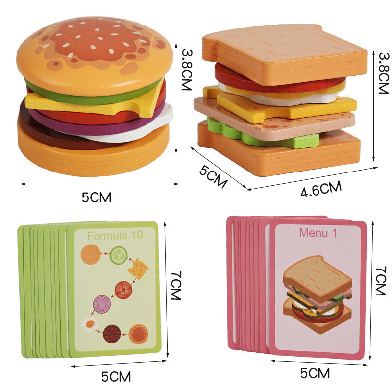 Wooden educational toys for children: miniature, bite-sized hamburgers and sandwiches that simulate real food.