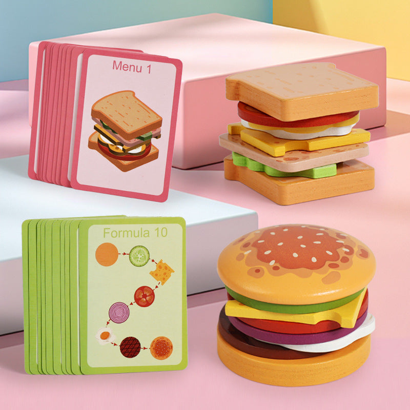 Wooden educational toys for children: miniature, bite-sized hamburgers and sandwiches that simulate real food.