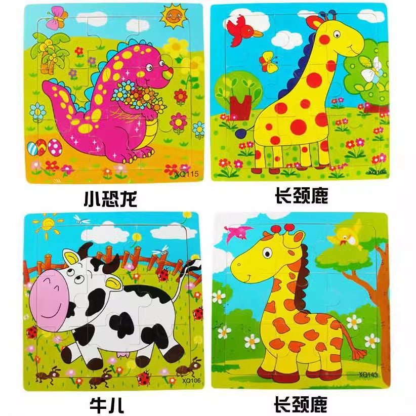 9-piece wooden cartoon puzzle set featuring various animal, traffic, and anime designs. Miniature 0.07m assembly.
